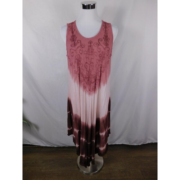 Seven Islands New York Dress Womens 2X Pink Burgundy Tie Dye Embroidered Rayon - Picture 1 of 12